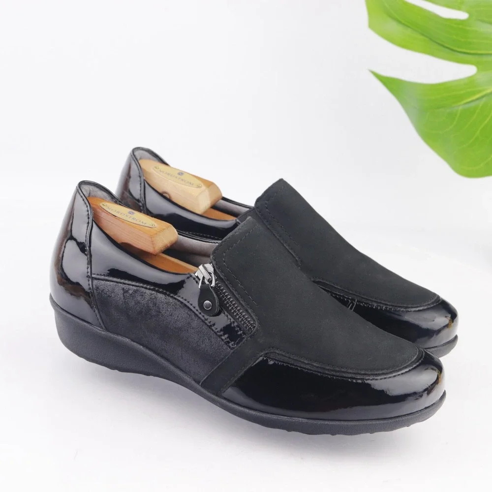 Drew Womens Padua Loafers Size 10 WIDE Black Patent Leather Comfort Shoes Wedge